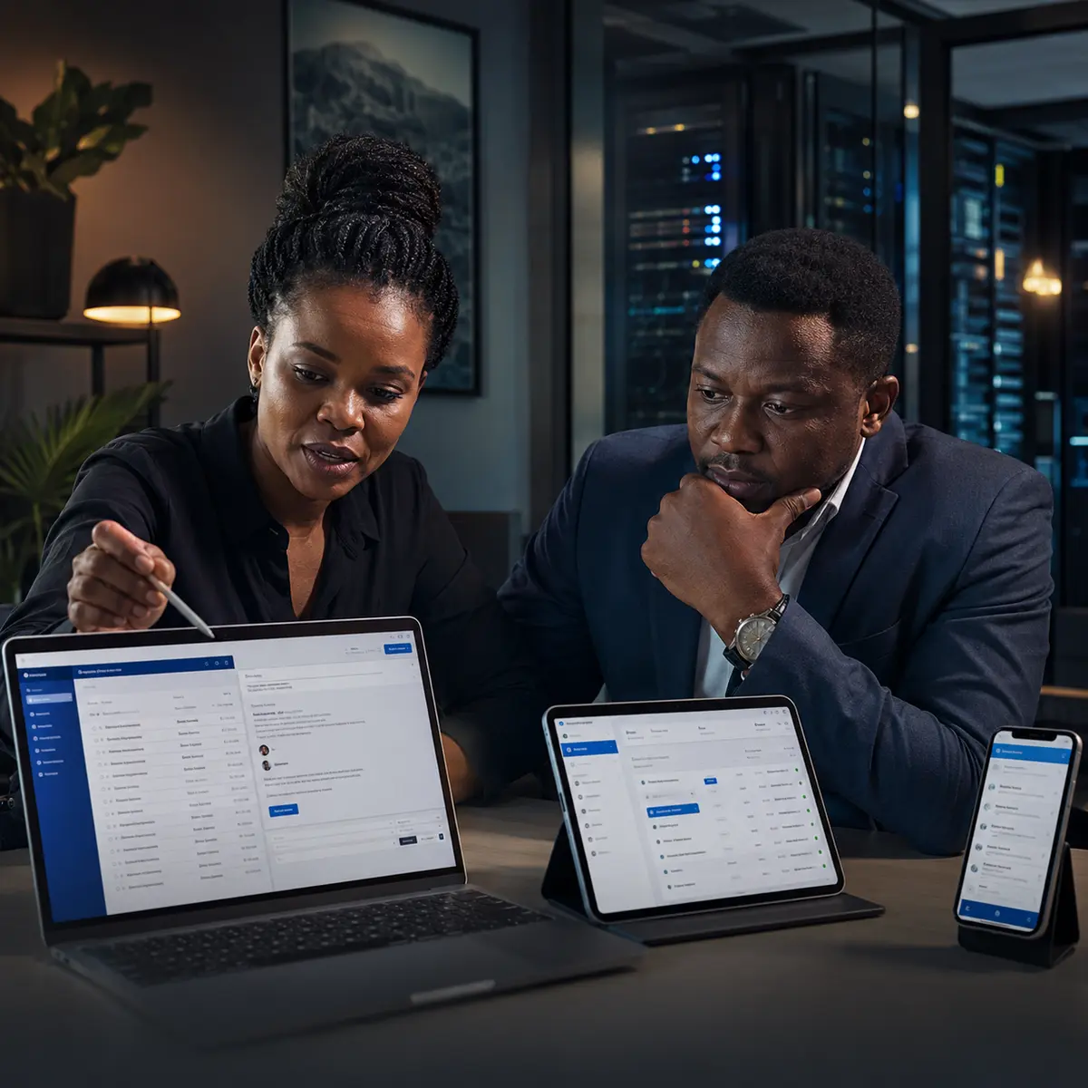 Business team reviewing connected cloud services across devices
