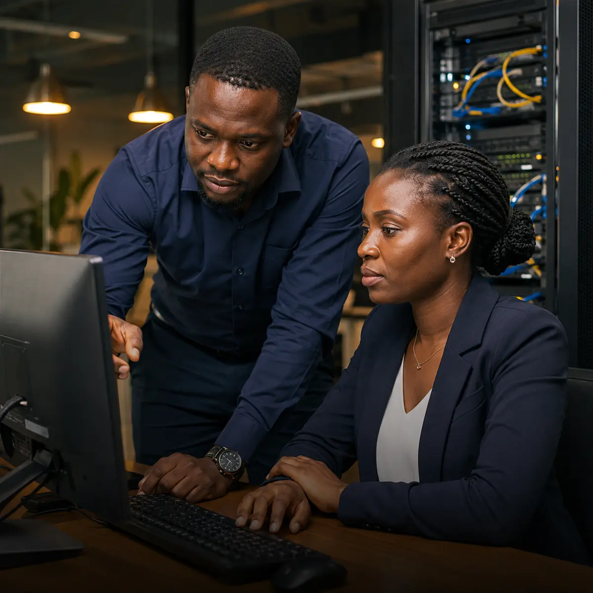 IT specialist assisting colleagues with workplace technology