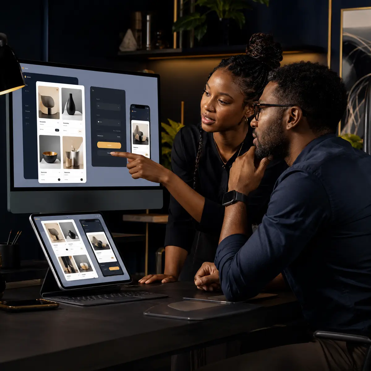 Team collaborating on a modern web application interface